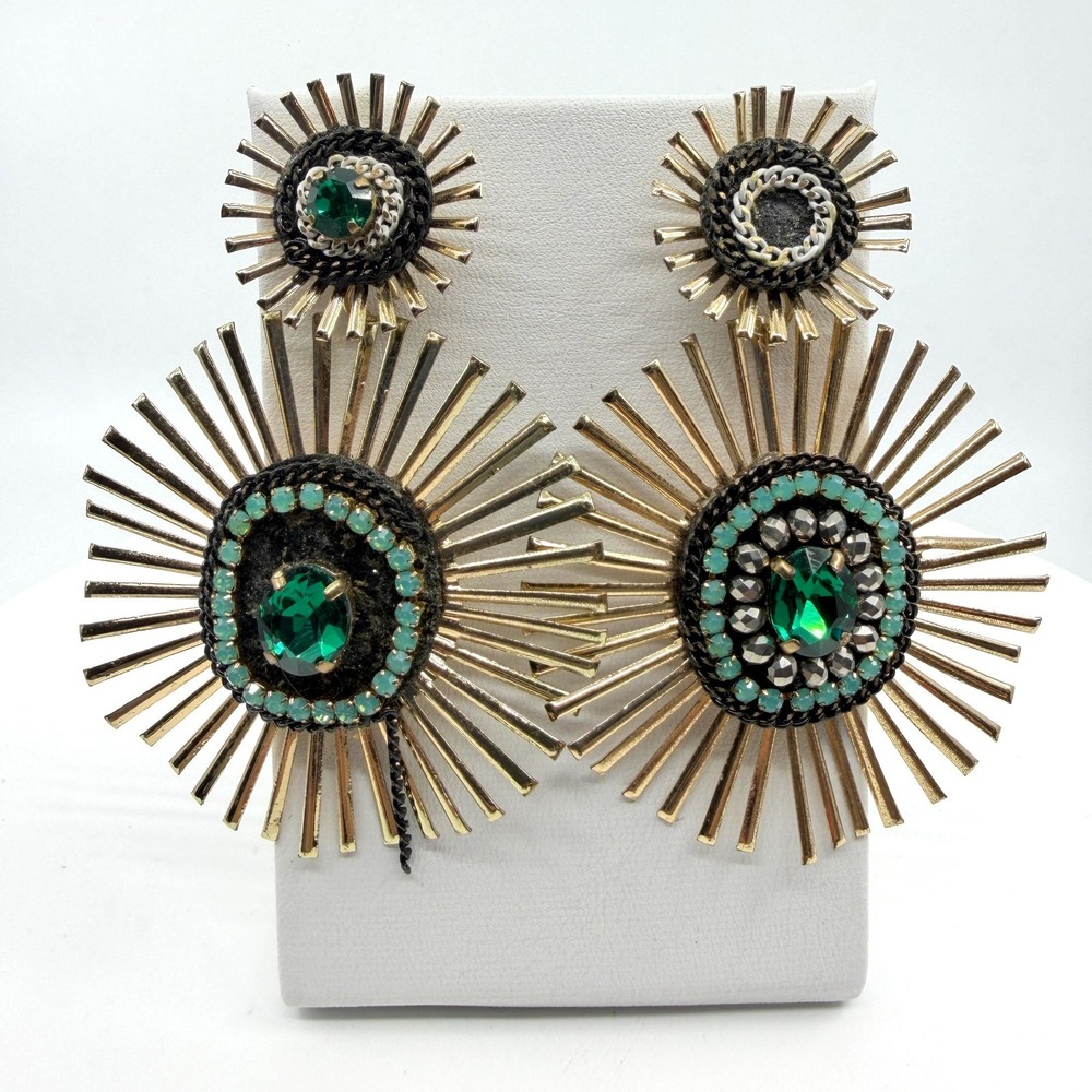 Statement Gold Tone Sunburst Emerald Crystal Earrings Festival Dangle Jewelry